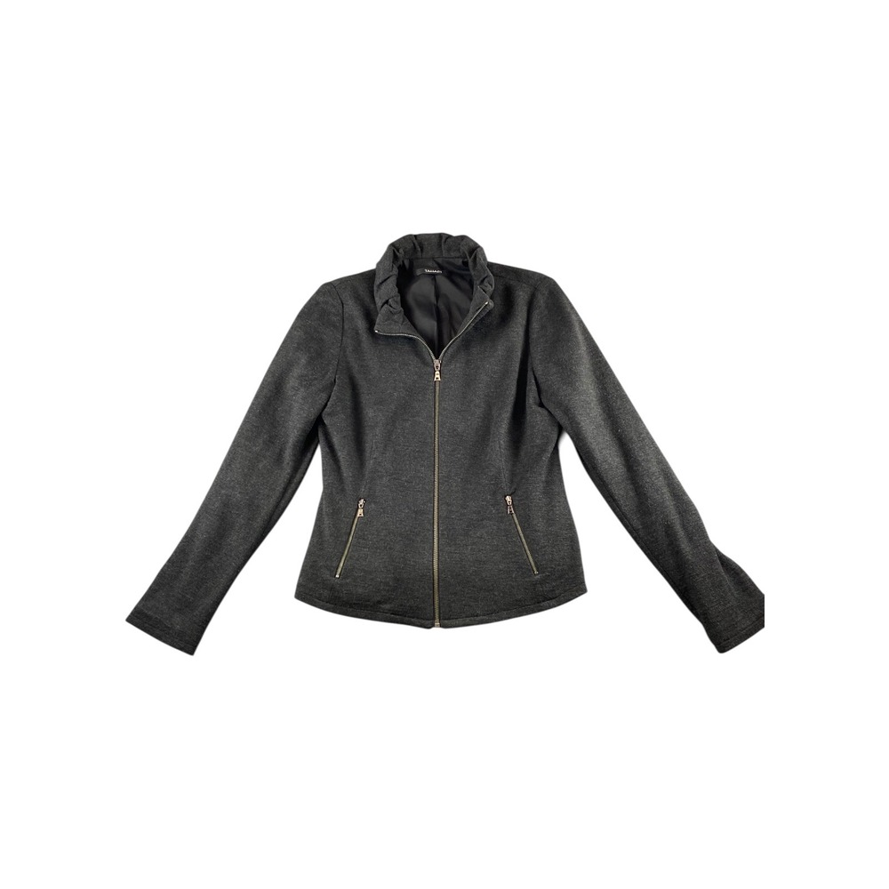 Tahari Womens‎ Charcoal Gray Virgin Wool Blend Ruffle Neck Zip Up Jacket Sz 8